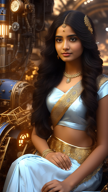 A beautiful young woman with long dark hair sits in a blue, white and gold dress. there's a dove on her finger. and a cute indian girl with white skin and light brown hair. wear a pink and gold saree sexy figure staring at a dove on a friend's finger in steampunk style