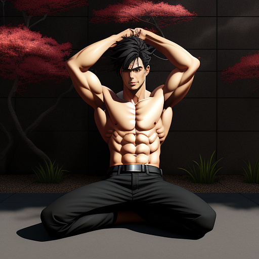Handsome spanish guy named rodrigo, athletic skinny, short black hair, buzz haircut, shirtless, six pack abs, hands above his head, black pants and belt, restrained, tied up. in anime style