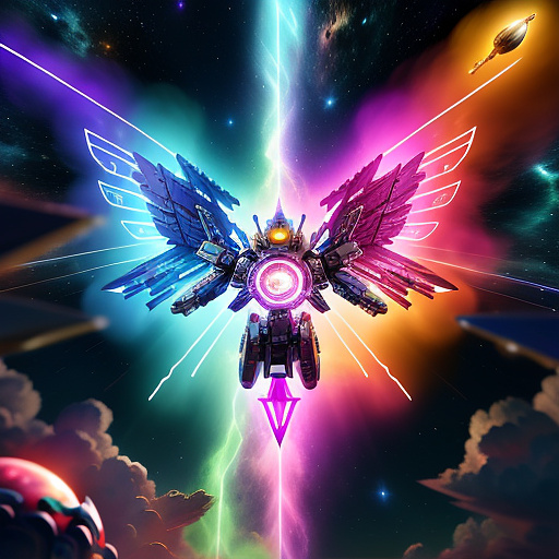 A cheerful transformer flies through space against the backdrop of planets. in angelcore style