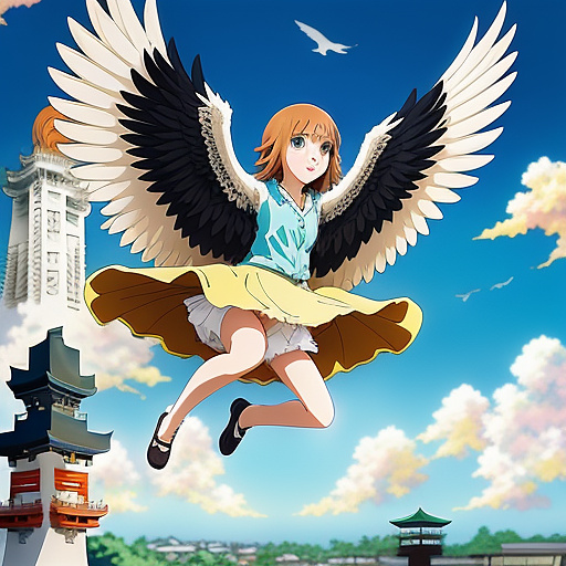 A giant flying bird holding a frightened girl in its claws in anime style