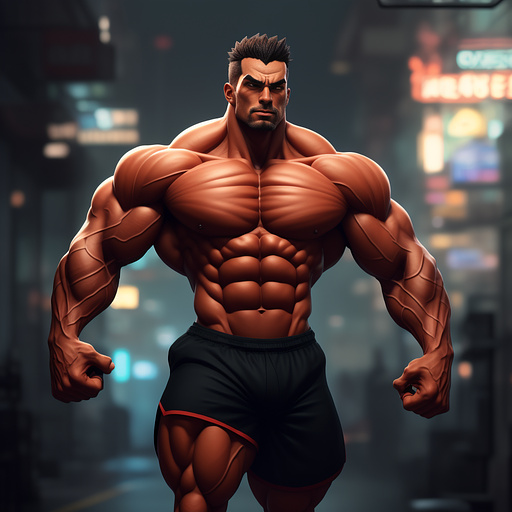 Hypermuscular man holding a barbell with massive veins on his body. his muscles are overdeveloped. his biceps are the size of basketballs. his lats are so wide he can’t put his arms down. 
 in anime style