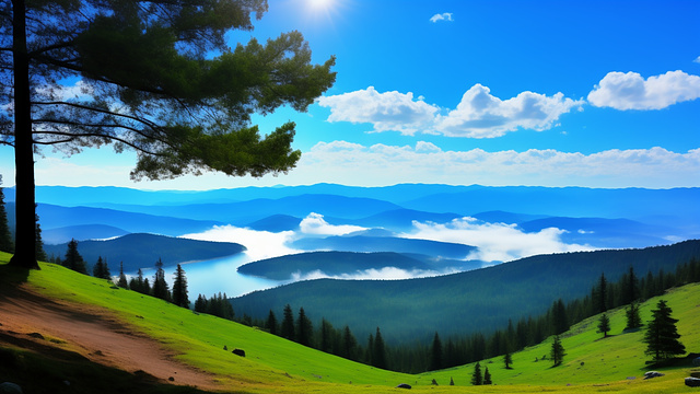 On the mountain overlooking wide lake with a blue hazy valley in custom style