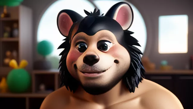 Man transforming into an anthropomorphic skunk with tacos  when pooping
 in disney 3d style