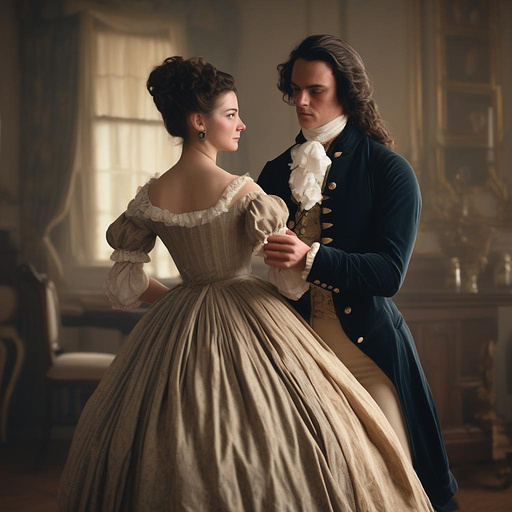 A young earl with long black wavy hair in an 18th century costume dances with a young countess with long brown hair pulled back into a neat hairdo wearing a victorian era dress in realistic style