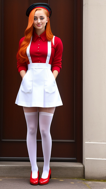 Sophie turner, wearing a white pinafore dress, red pantyhose, red loafers. in custom style