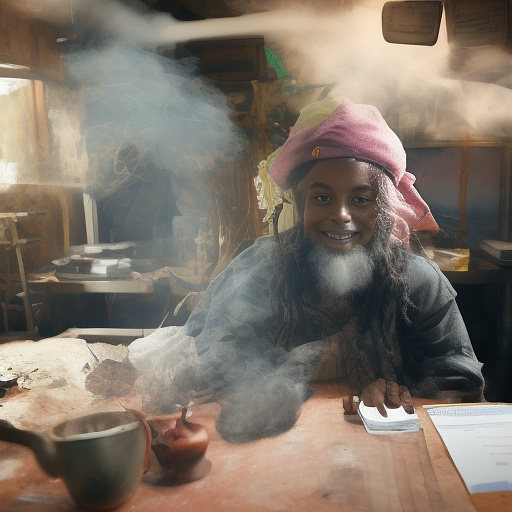 A black rastafarian is sitting on a worktable, smiling happily and smoking. the room is smoky. he's wearing a pink cap. in custom style