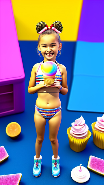 13-year-old, caucasian, wearing a
 bikini, licking ice cream, skinny, realistic in kids painted style