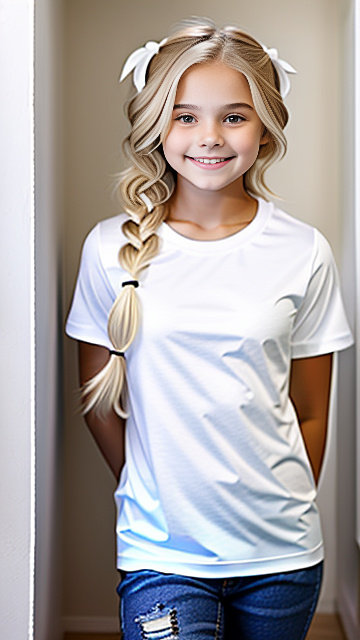 White, blonde, very cute, smiling, girl 13 years old, very large breast, very tight t shirt, in custom style