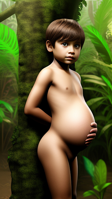 Realistic, pregnant, 7-years-old-boy, jungle, naked, cock, in custom style