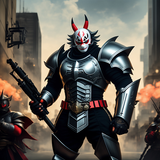 A man wearing heavy armor and an american flag pattern clown mask holding a minigun in anime style