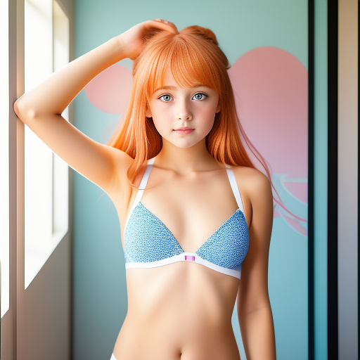 Little young girl in camera, whit shorts and swim bra, curbing her body.
orange hair and her hands up fot tie the hair.
pink color eyes
 in anime style