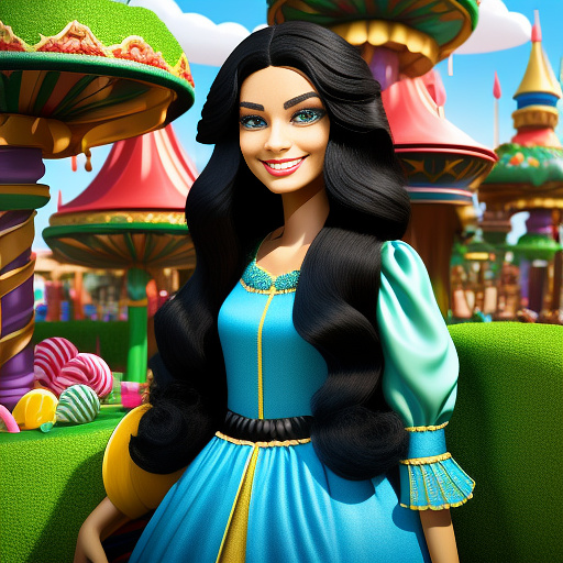 Create beautiful tall girl with black long hair and  blue eyes and green dress in disneyland in kids painted style