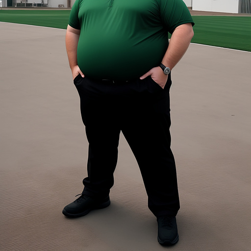 Full body and beardless face visible. obese brown haired white young security man in custom style