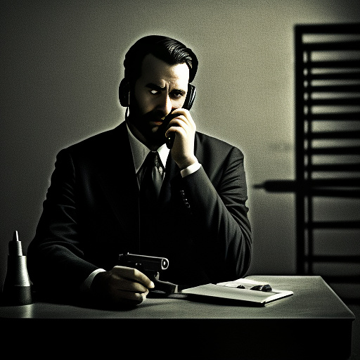 In a dark room, there is a telephone and a gun on the table. a man is sitting on a chair, and he is dead. in custom style
