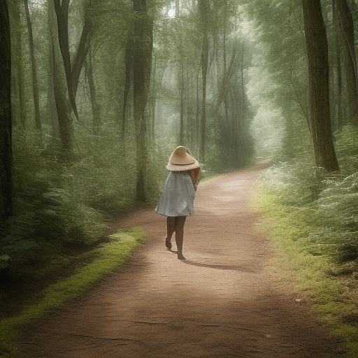 A tired 9-year-old girl is walking along a forest path. it's evening. she has a basket in her hand. she's wearing a panama hat. view from behind. in custom style