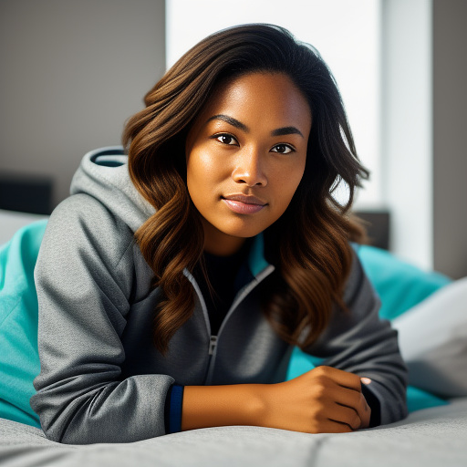 A woman in sportswear is lying on her bed. in realistic style