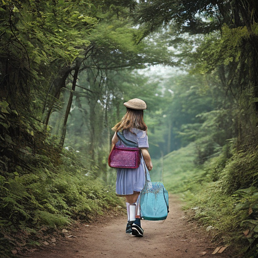 A 9-year-old girl is walking along a forest path. it's evening. she has a basket in her hand. view from behind. in custom style