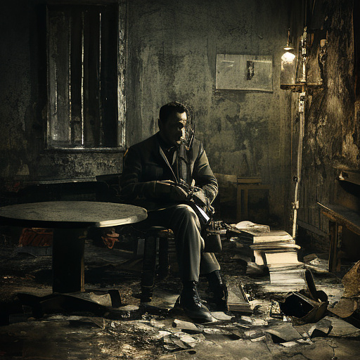 In a dark room, there is a telephone and a gun on the table. a man is sitting on a chair, and he is dead. in custom style