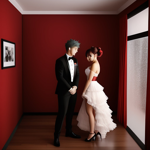 Katsuki bakugou trying on a red and black tux. and ochaco