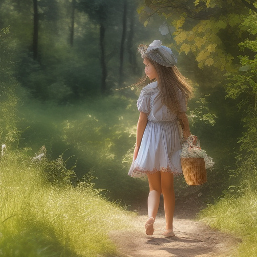 A 9-year-old girl is walking along a forest path. it's evening. she has a basket in her hand. view from behind. in custom style