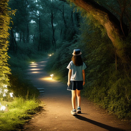 A 9-year-old girl is walking along a forest path. it's evening. she has a basket in her hand. view from behind. in custom style
