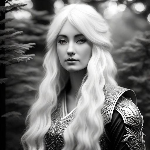 Modest elven fantasy heroine
white hair
forest ranger
fantasy guardian in pancil style