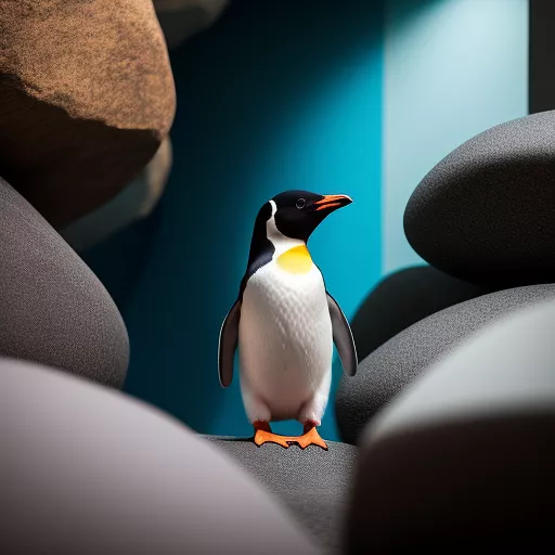 A penguin who is climbing indoors with coloured boulders in disney painted style