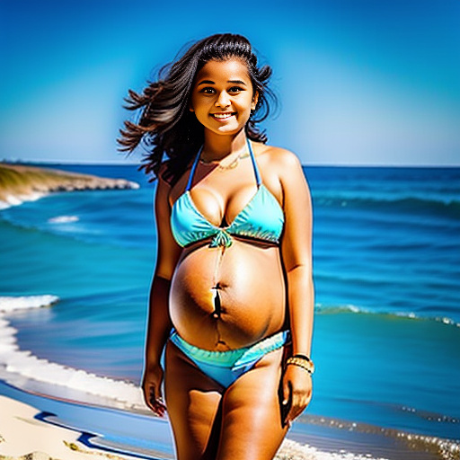 Sister of 13-years-old pregnant of 40 weeks at the beach wearing bikini and a big belly  in custom style