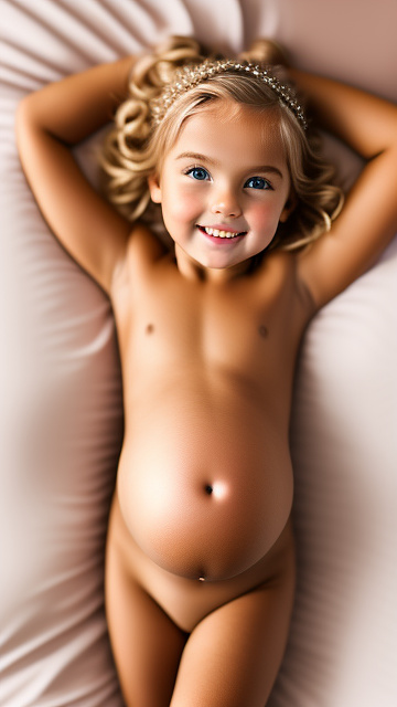 Realistic, detailed, 8-year-old blonde girl, pregnant, tan wedding outfit, showing belly, laying in bed, top down full body view, red blush, tan skin, mouth open,  in custom style