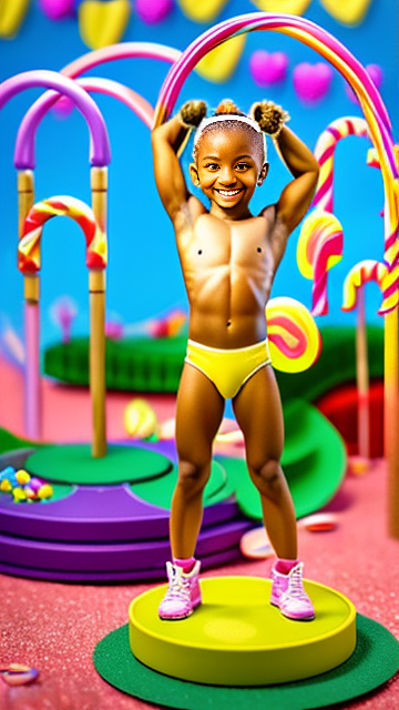 10 year old girl, naked, muscular, abs, hands up, gymnastic, in kids painted style