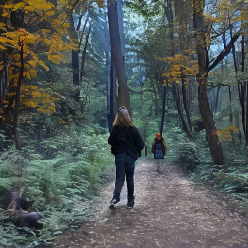 A 9-year-old girl is walking along a forest path. it's evening. she has a basket in her hand. view from behind. in custom style
