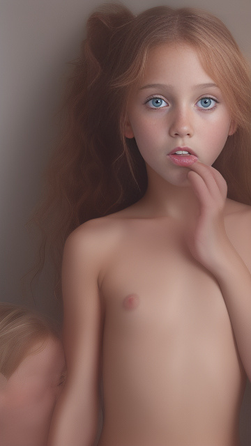 A 9-year-old naked girl is sucking another girl's breast. in custom style