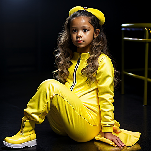 Pregnant, 7-years-old, jenna ortega, yellow jumpsuit, yellow boots, stripclub  in custom style