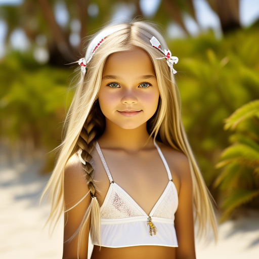 9-year-old caucasian white girl, cute, straight blonde hair, wearing white bikini in custom style