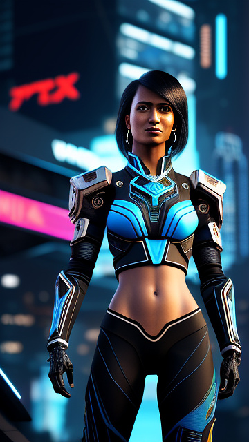 A mocha skinned stern looking southeast asian young lady with short feathered black hair wearing a futuristic blue armored space suit in cyberpunk style