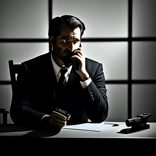 In a dark room, there is a telephone and a gun on the table. a man is sitting on a chair, and he is dead. in custom style