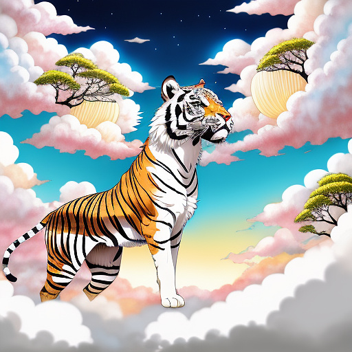 Winged white tiger with diamond gold red eyes, on clouds with thunder and blood in anime style



 in anime style