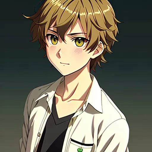 16 year old boy, short and wavy carmel hair, dark enchanting green eyes, milky and tan skin in anime style