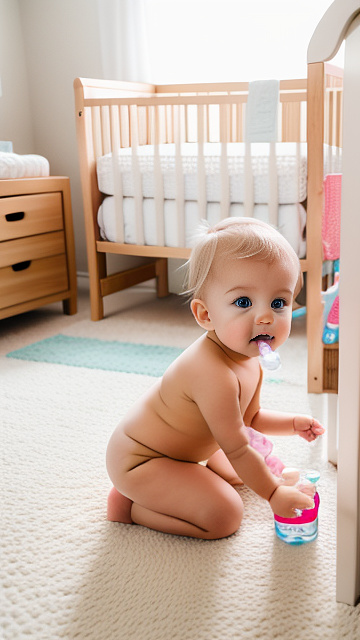 Blonde toddler, crib, diaper, sucking bottle in custom style