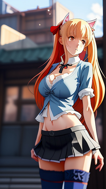 Hot e-girl, front facing, large chest, big breasts, tight shirt with a boob window, mini skirt, facing foreward, thin face, skinny, ripped clothes, cat girl in anime style