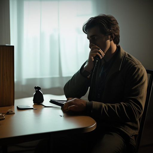 In a dark room, there is a telephone and a gun on the table. a man is sitting on a chair, and he is dead. in custom style