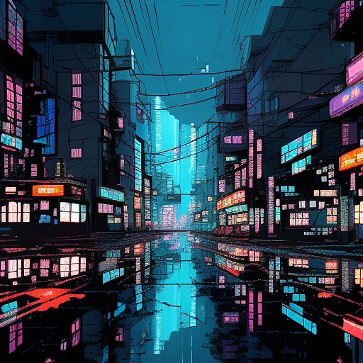 A cyberpunk cityscape at night,neon lights,rain,cinematic in anime style