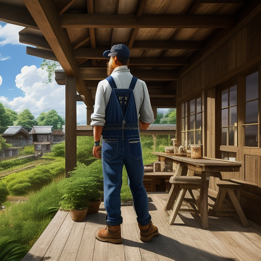 "photorealistic image of a carpenter in denim overalls and flat cap standing on weathered wooden scaffolding against a flint-and-brick kentish cottage. he holds a hammer and reclaimed oak, tape measure in pocket. scaffolding tied to exposed timber beams. background of rolling green fields and a traditional oast house. soft daylight, rustic and authentic, shot from eye level." in anime style