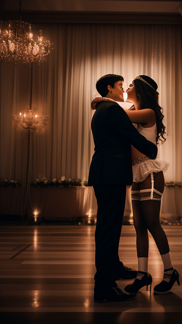 A romantic moment between a childhood couple. the grade-6 sexy hot girl, wearing her garter belt, does sandungueo dance with the grade-6 boy. in custom style