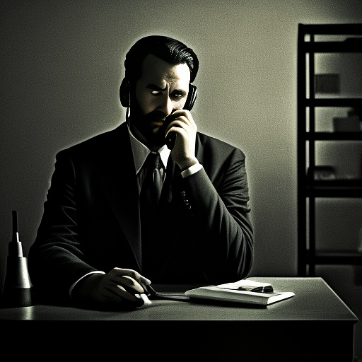 In a dark room, there is a telephone and a gun on the table. a man is sitting on a chair, and he is dead. in custom style