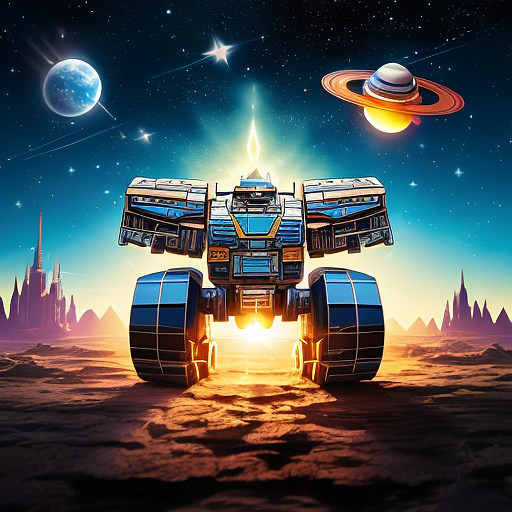 A cheerful transformer flies through space against the backdrop of planets. in disney painted style