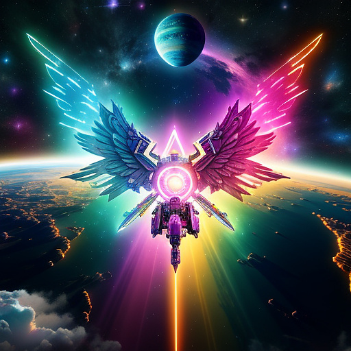 A cheerful transformer flies through space against the backdrop of planets. in angelcore style