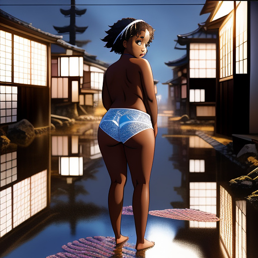 Black chubby girl in a lingerie, standing in the puddle in anime style