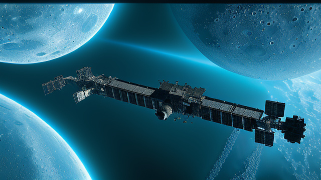 A large lunar space station in orbit. in angelcore style