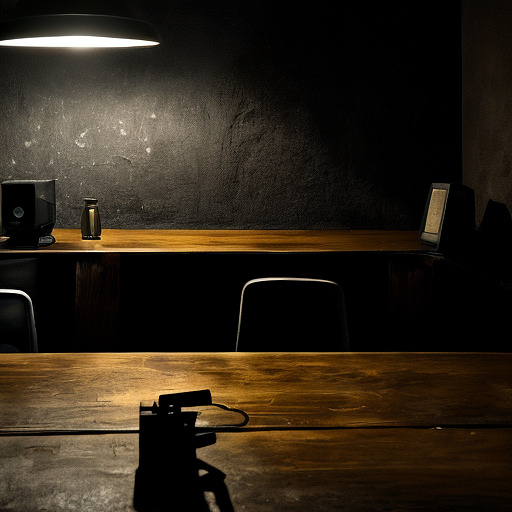 In a dark room, there is a telephone and a gun on the table. a man is sitting on a chair, and he is dead. in custom style